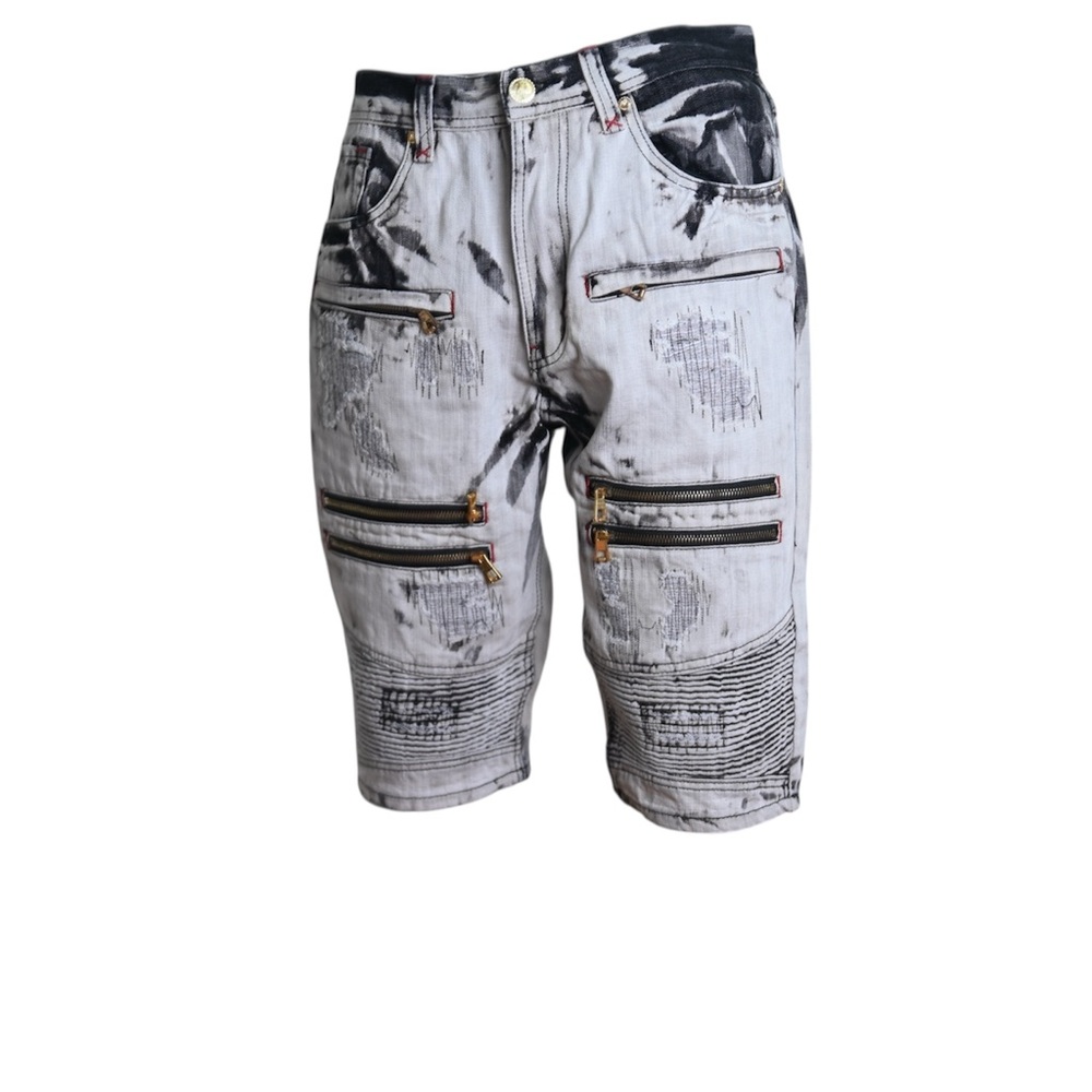 Gray and Black Jean Shorts with Distressed Urban Design